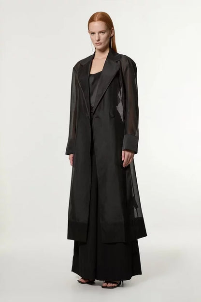 Organza And Satin Mix Tailored Sheer Trench Midi Coat