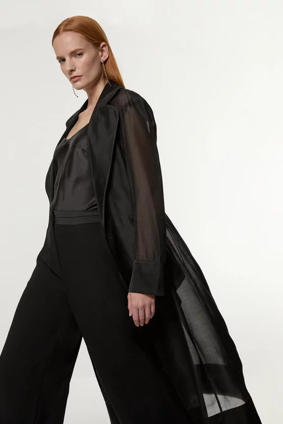 Organza And Satin Mix Tailored Sheer Trench Midi Coat