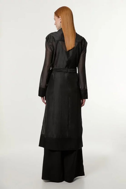 Organza And Satin Mix Tailored Sheer Trench Midi Coat