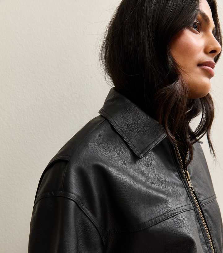 Black Oversized Washed Faux Leather Jacket