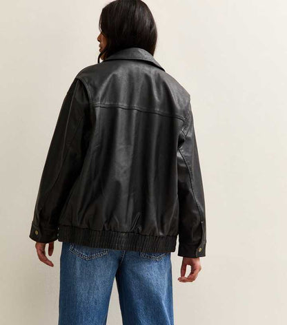 Black Oversized Washed Faux Leather Jacket