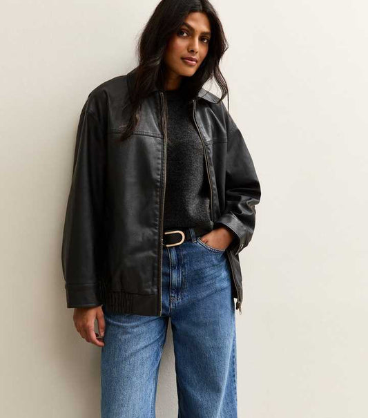 Black Oversized Washed Faux Leather Jacket