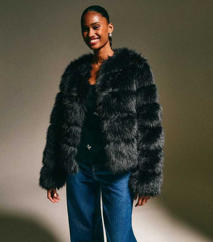 Black Panelled Faux Fur Jacket