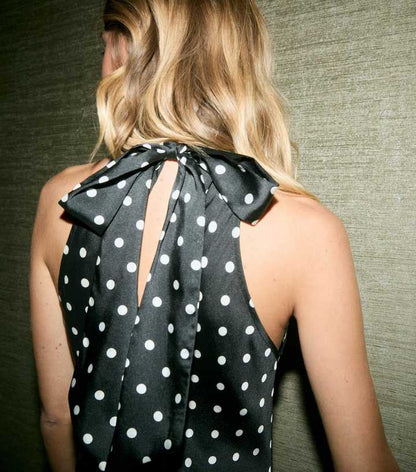 Black Polka Dot Satin Halterneck Midi Dress
