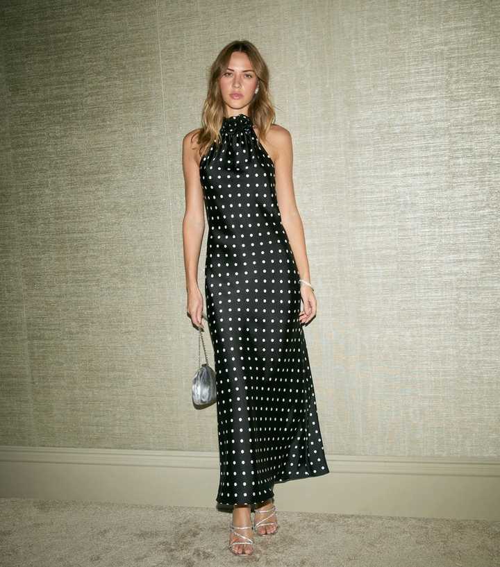 Black Polka Dot Satin Halterneck Midi Dress