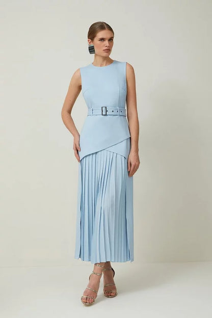 Ponte And Georgette Jersey Pleated Maxi Dress