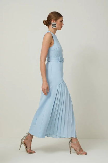 Ponte And Georgette Jersey Pleated Maxi Dress