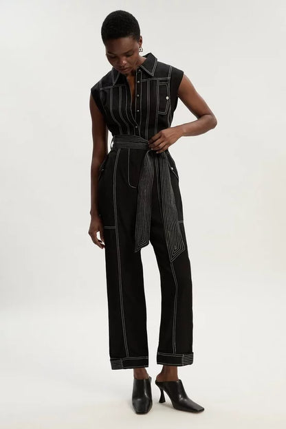 Premium Linen Twill Topstitch Woven Jumpsuit