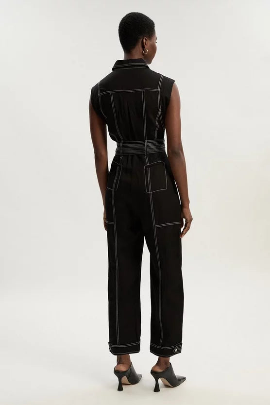 Premium Linen Twill Topstitch Woven Jumpsuit