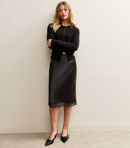 Black Satin Lace Trim Skirt