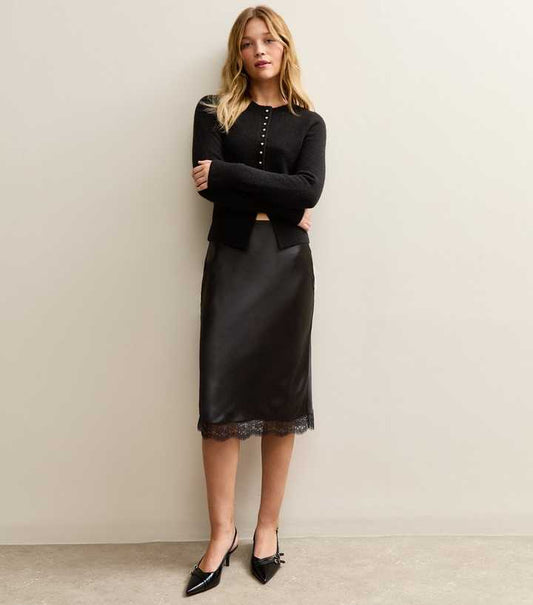 Black Satin Lace Trim Skirt