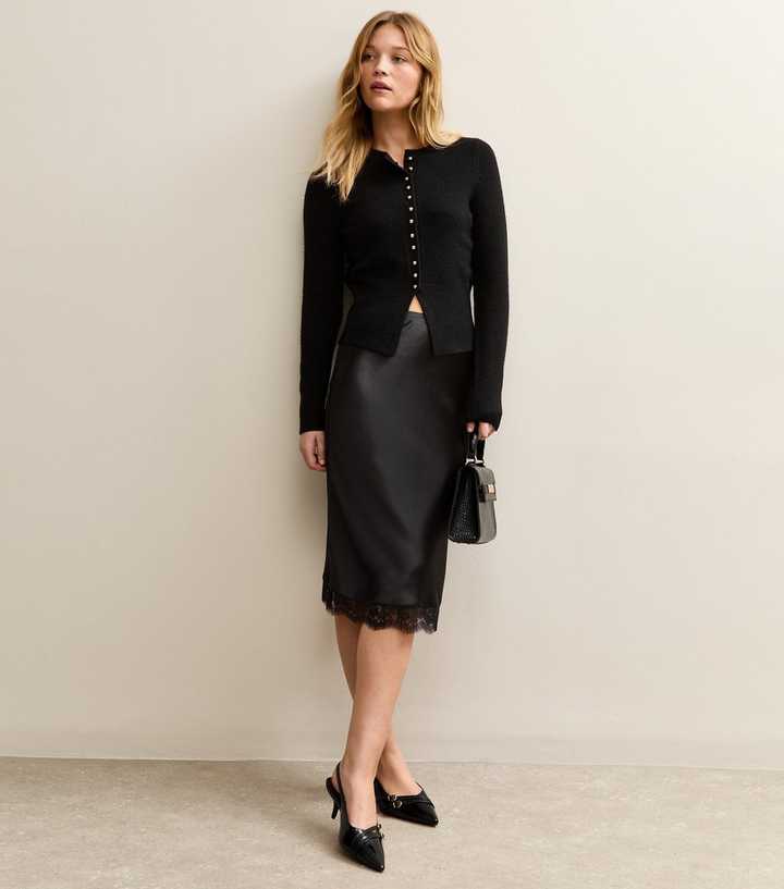 Black Satin Lace Trim Skirt
