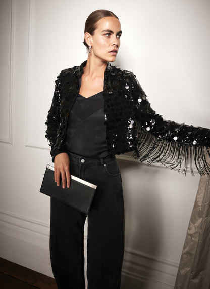 Black Sequin Fringed Shrug