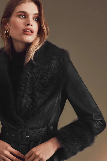 Shearling Cuff And Collar Leather Coat