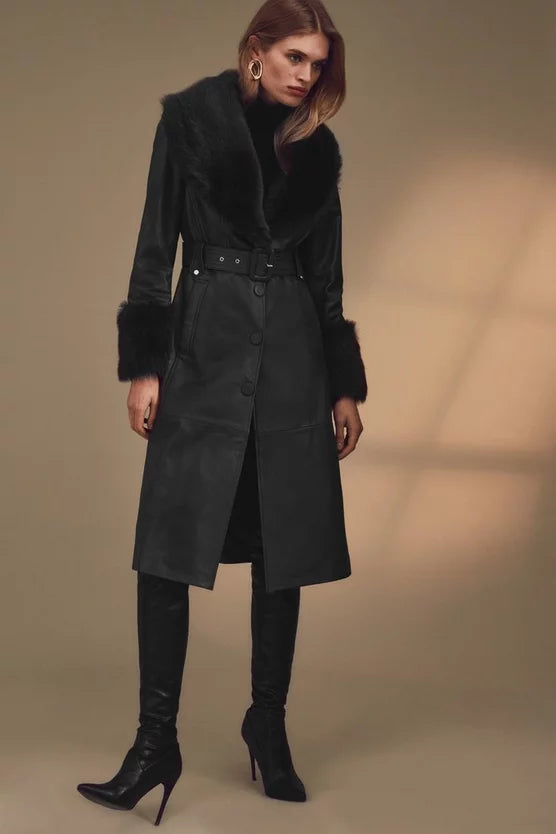 Shearling Cuff And Collar Leather Coat