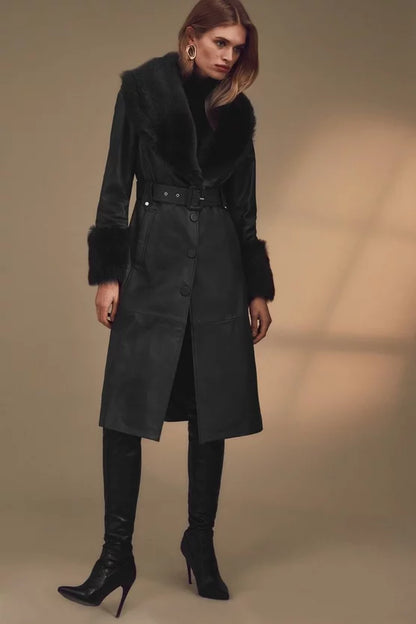 Shearling Cuff And Collar Leather Coat