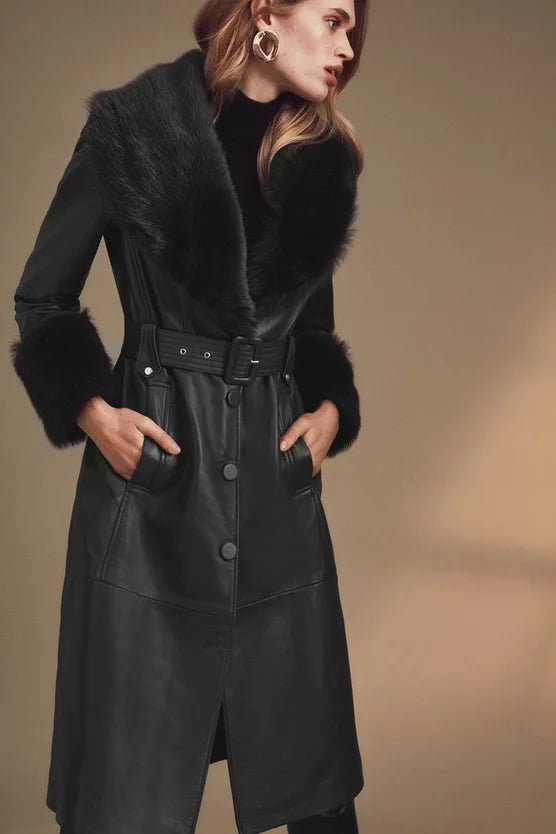 Shearling Cuff And Collar Leather Coat