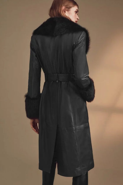 Shearling Cuff And Collar Leather Coat