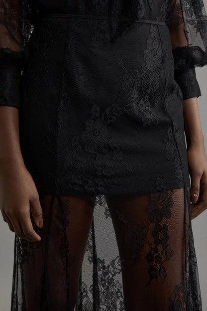 Sheer Lace Godet Woven Midi Skirt