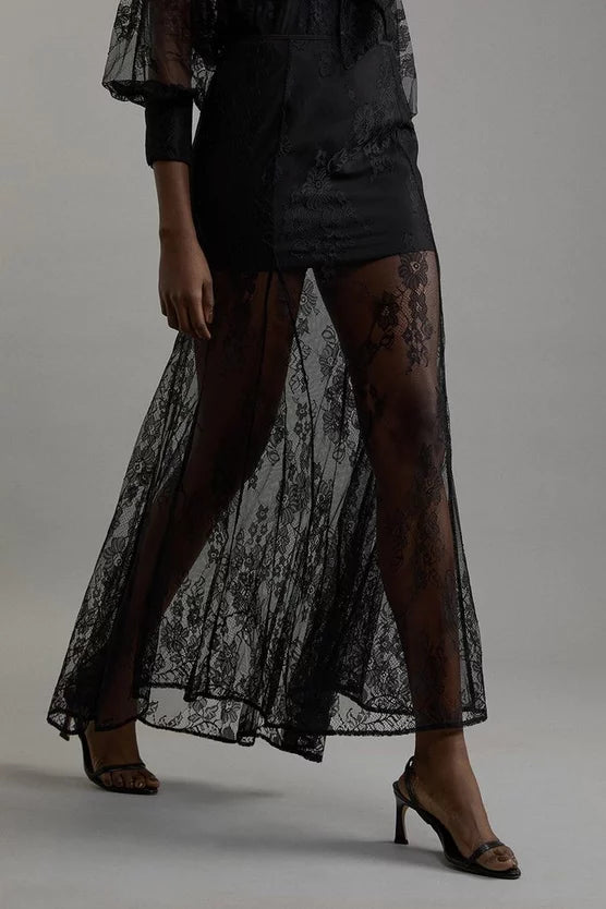 Sheer Lace Godet Woven Midi Skirt