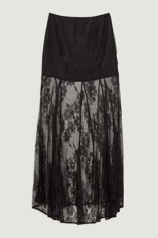 Sheer Lace Godet Woven Midi Skirt