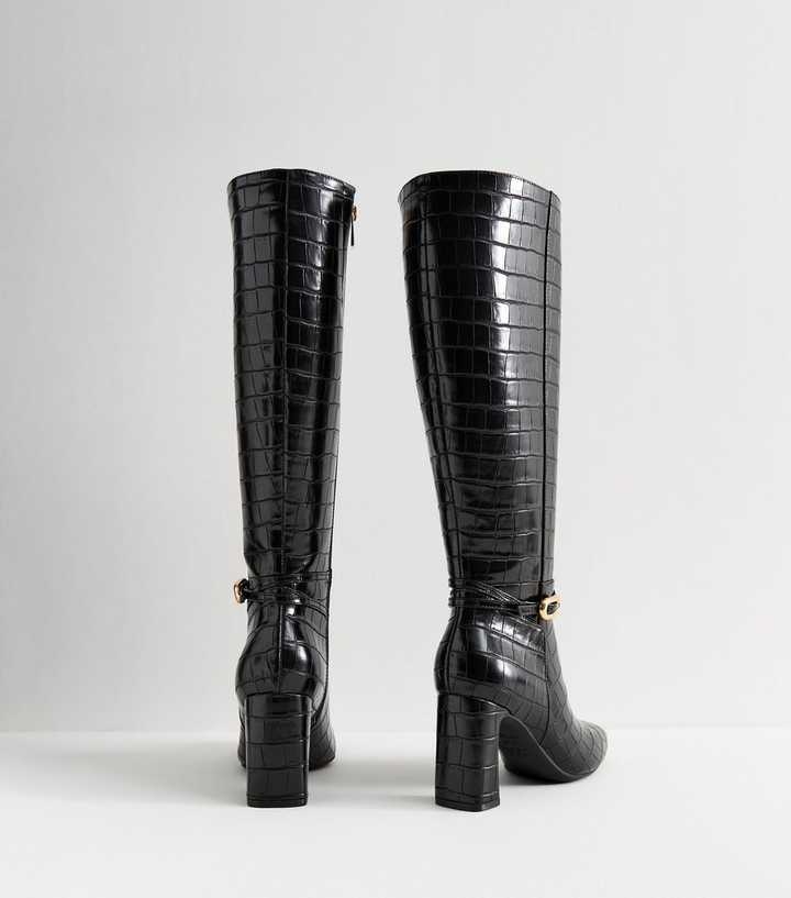Black Snakeskin Effect Faux Leather Knee High Boots