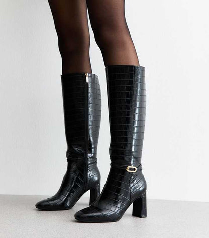Black Snakeskin Effect Faux Leather Knee High Boots