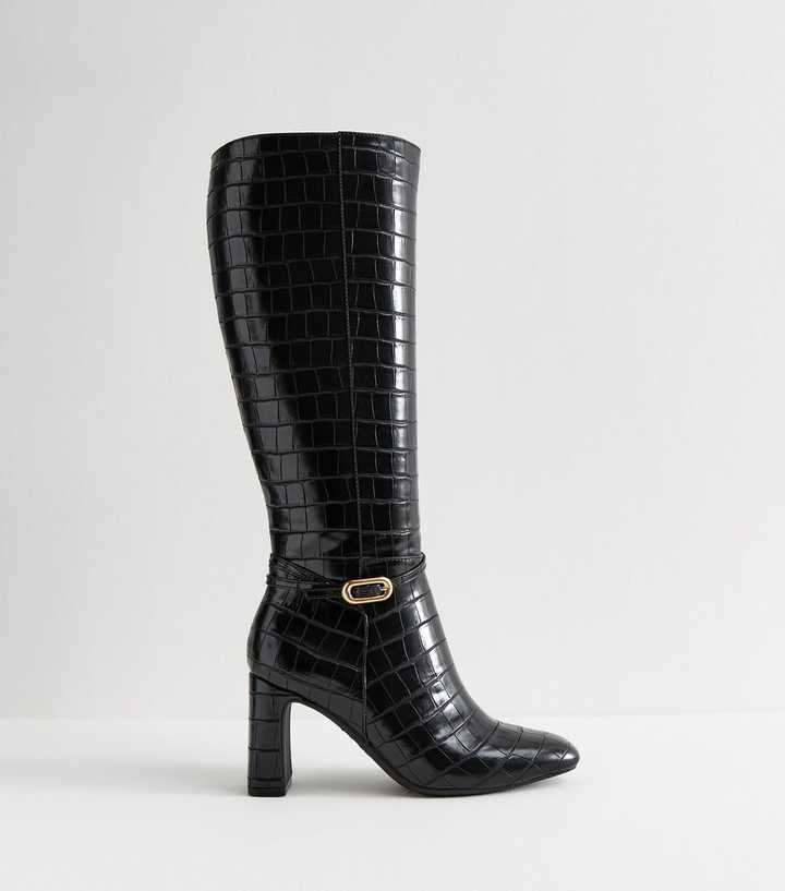 Black Snakeskin Effect Faux Leather Knee High Boots