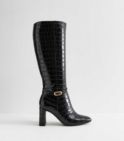 Black Snakeskin Effect Faux Leather Knee High Boots