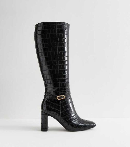 Black Snakeskin Effect Faux Leather Knee High Boots