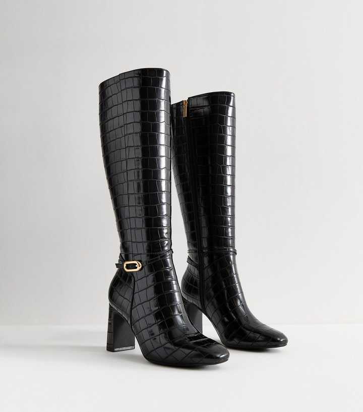 Black Snakeskin Effect Faux Leather Knee High Boots
