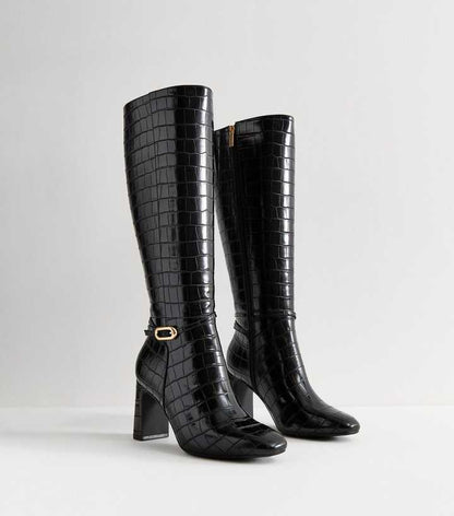 Black Snakeskin Effect Faux Leather Knee High Boots