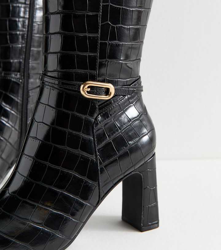 Black Snakeskin Effect Faux Leather Knee High Boots