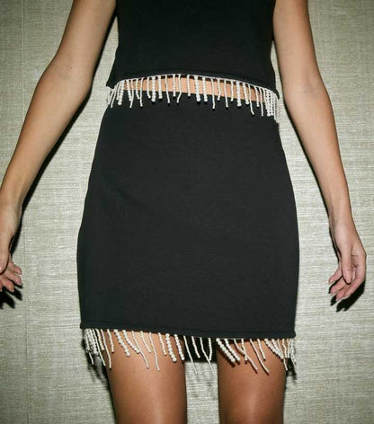 Black Soft Touch Beaded Hem Mini Skirt