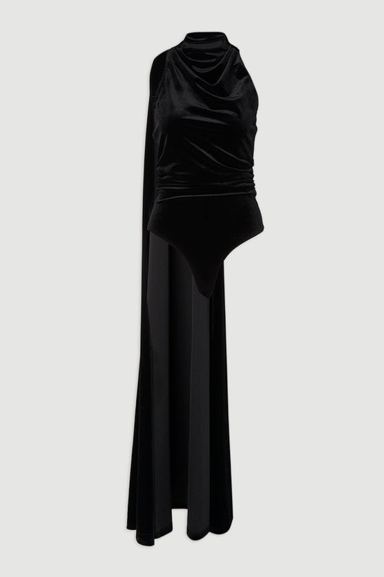Stretch Velvet High Neck Cape Shoulder Bodysuit