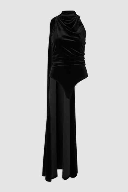 Stretch Velvet High Neck Cape Shoulder Bodysuit