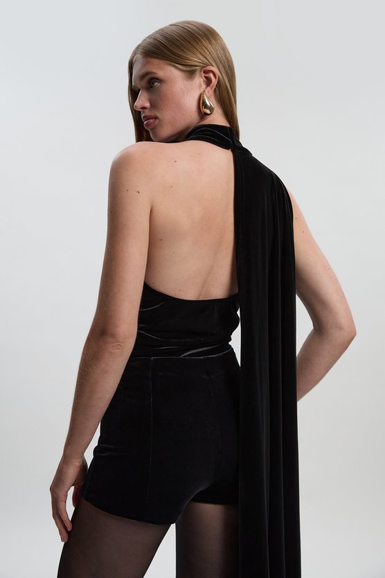 Stretch Velvet High Neck Cape Shoulder Bodysuit
