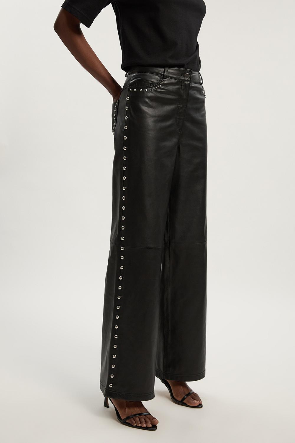 Studded Leather Wide Leg Trouser