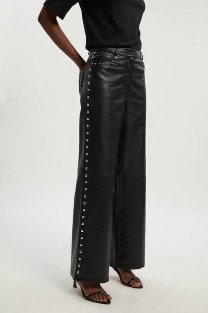 Studded Leather Wide Leg Trouser