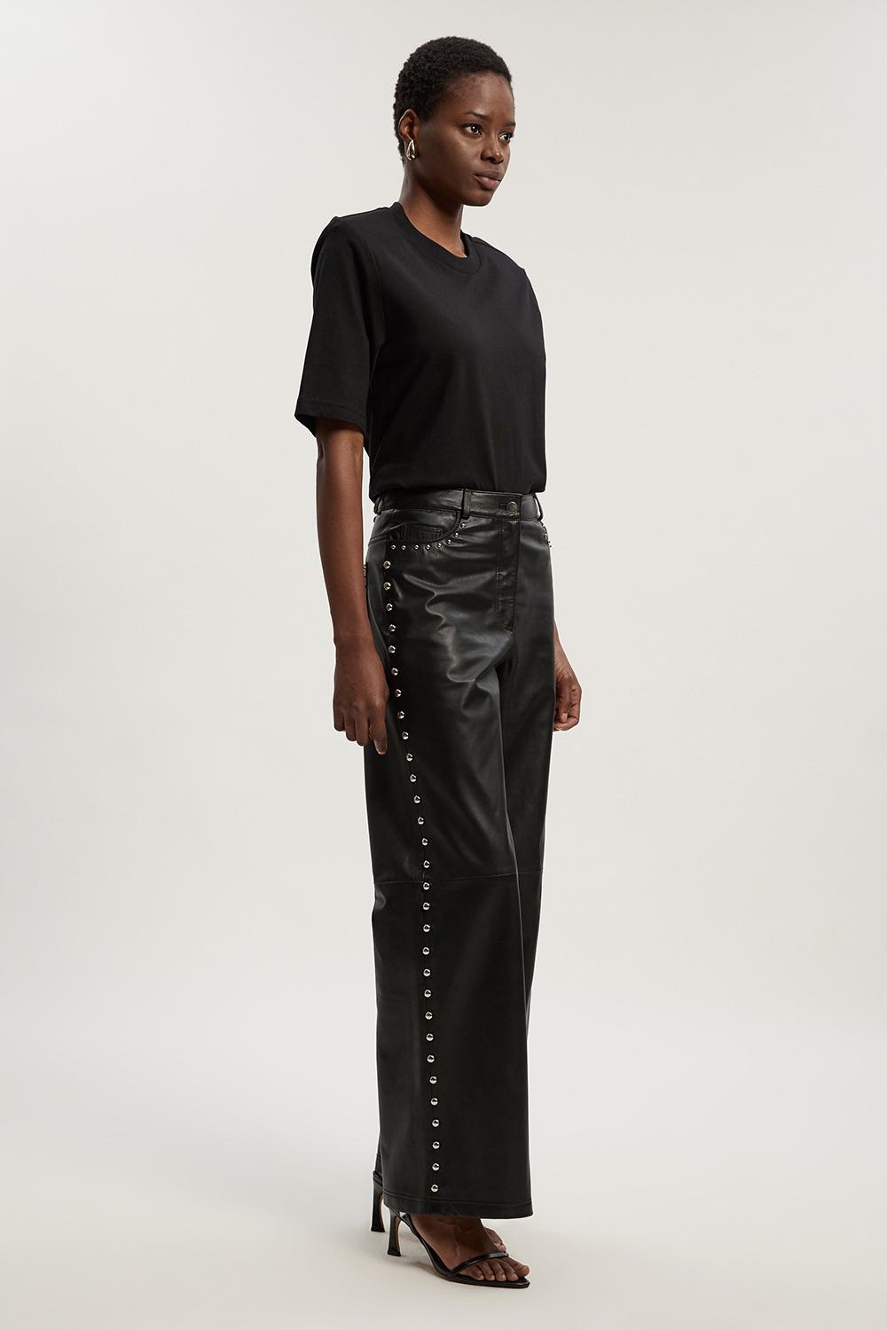 Studded Leather Wide Leg Trouser