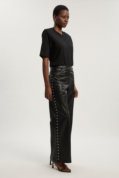 Studded Leather Wide Leg Trouser