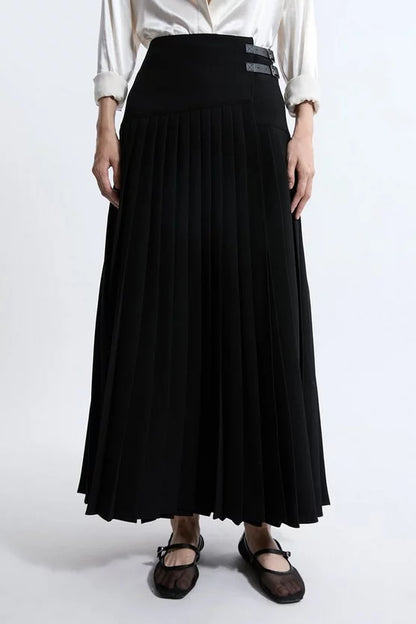 Tailored Crepe Pleated Buckle Detailed Maxi Skirt