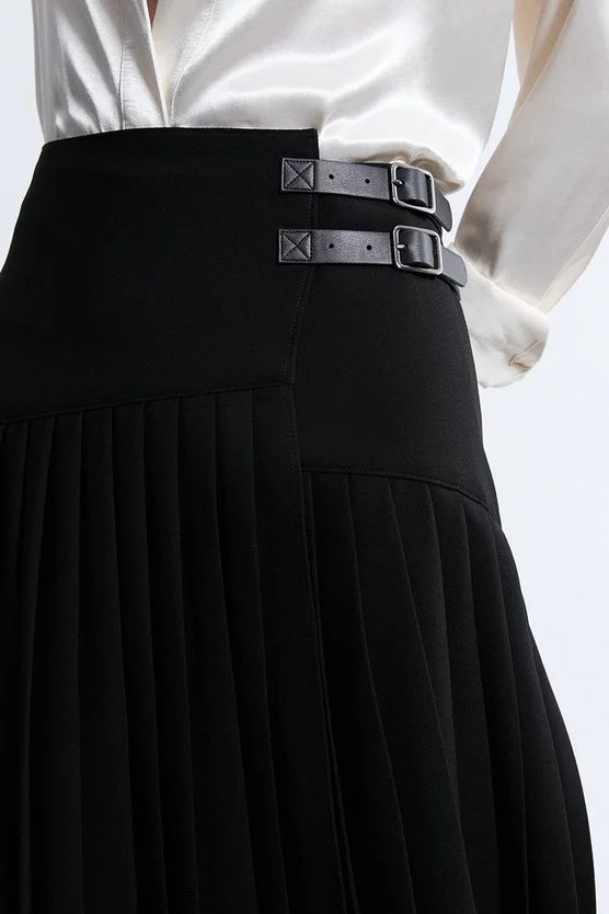 Tailored Crepe Pleated Buckle Detailed Maxi Skirt
