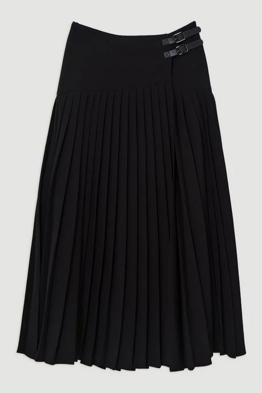 Tailored Crepe Pleated Buckle Detailed Maxi Skirt