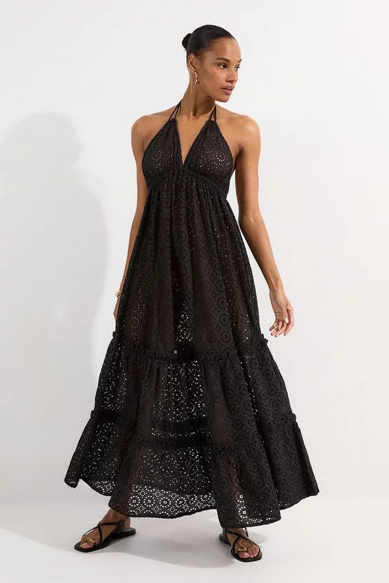 Tiered Broderie Maxi Beach Dress
