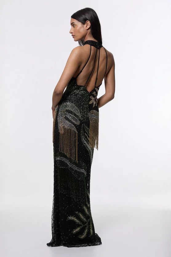 Tropical Beaded Strappy Back Woven Halter Maxi Dress