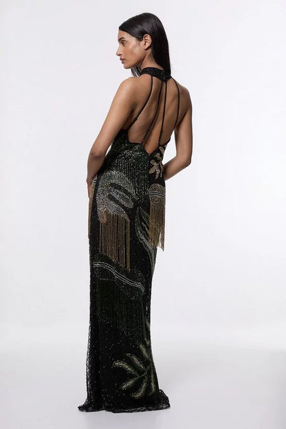 Tropical Beaded Strappy Back Woven Halter Maxi Dress