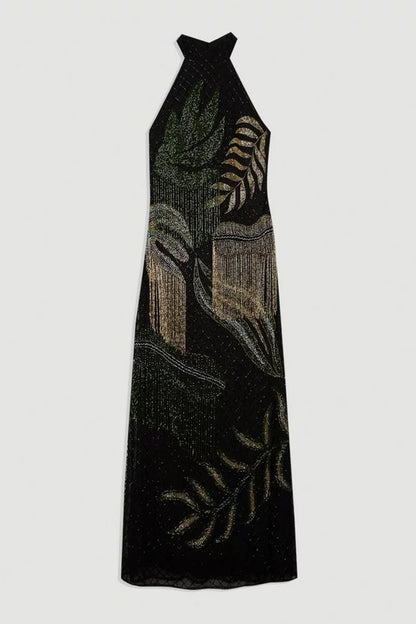 Tropical Beaded Strappy Back Woven Halter Maxi Dress