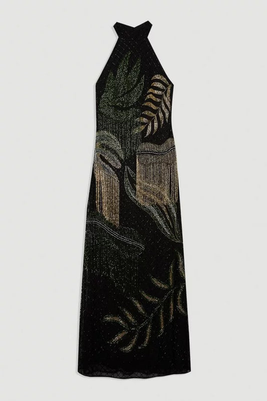 Tropical Beaded Strappy Back Woven Halter Maxi Dress