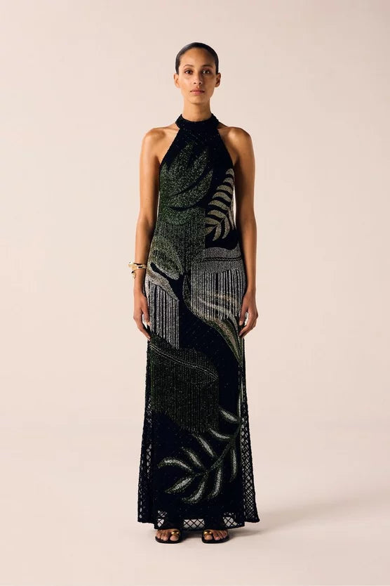 Tropical Beaded Strappy Back Woven Halter Maxi Dress